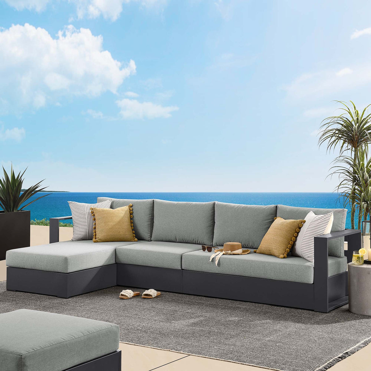 Tahoe 3-Piece Outdoor Patio Left Chaise Sectional Sofa Set with aluminum frame gray cushions on Tampa Home & Garden Store
