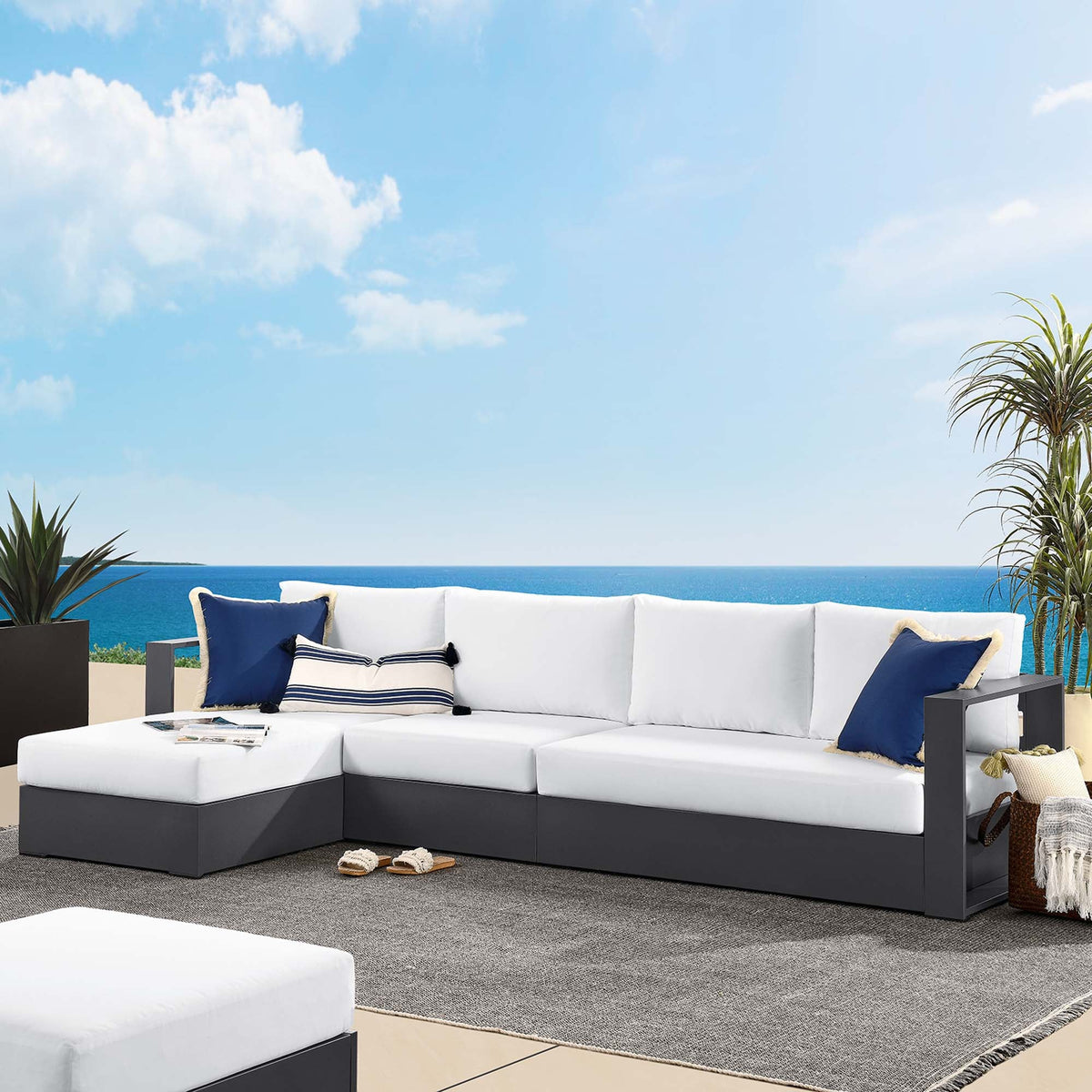Tahoe 3-Piece outdoor chaise sectional in powder-coated aluminum with white cushions on Tampa Home & Garden Store