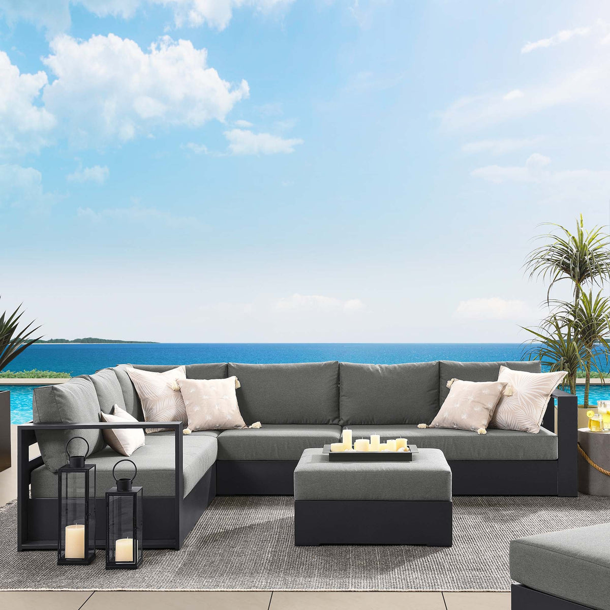 Tahoe 5-Piece Outdoor Sectional Sofa Set with powder-coated aluminum frame and gray cushions on Tampa Home & Garden Store