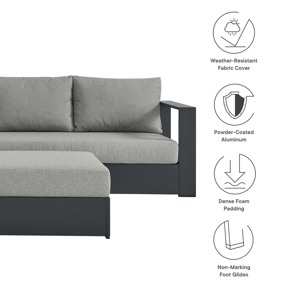 Tahoe 5-Piece Sectional Sofa Set with gray cushions and powder-coated aluminum frame on Tampa Home & Garden Store