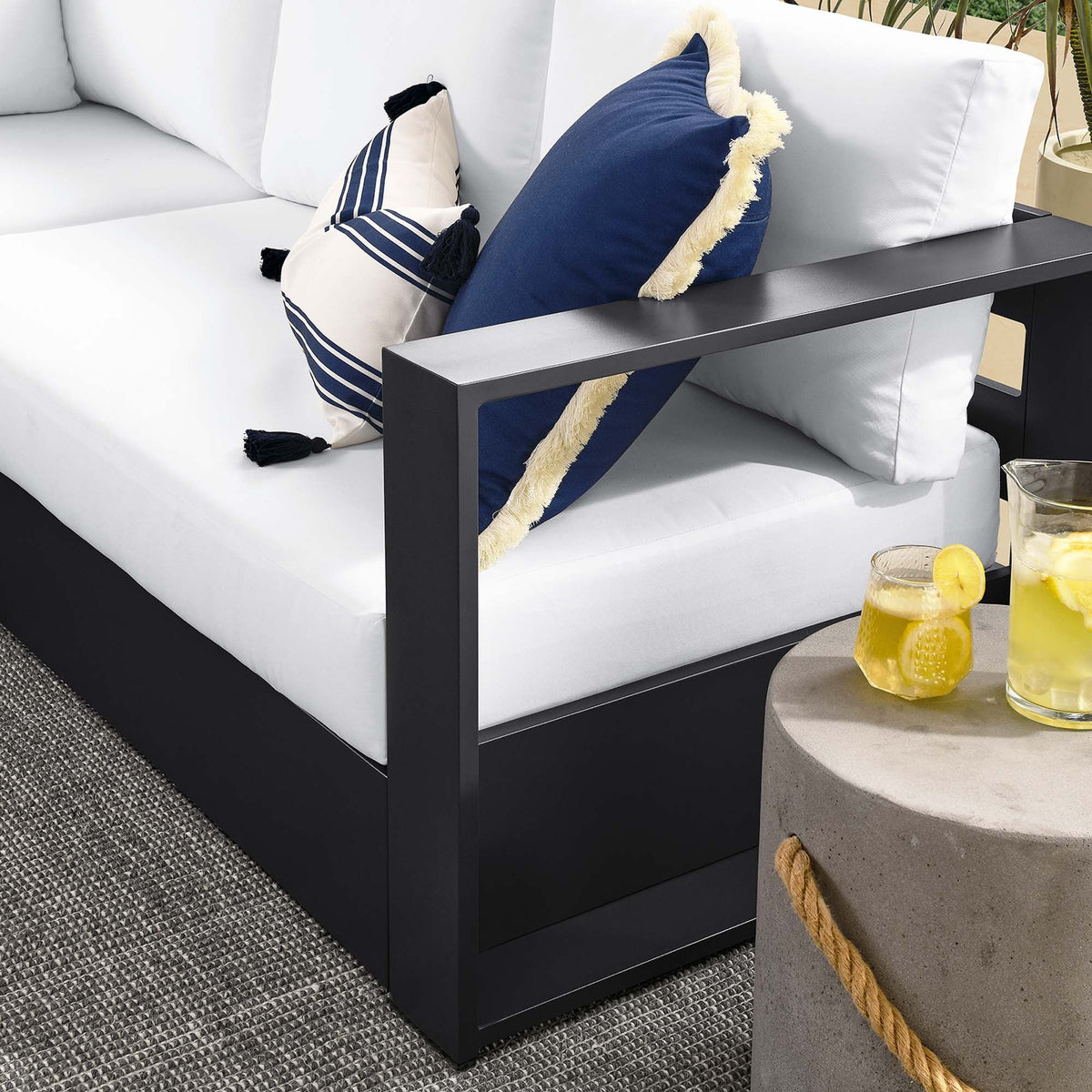 Tahoe 5-Piece Outdoor Aluminum Sectional Sofa Set by Modway with white cushions and navy pillows on Tampa Home & Garden Store