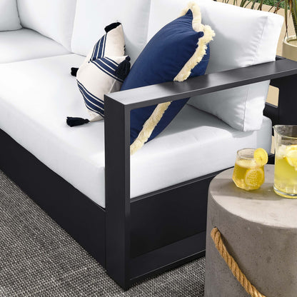 Tahoe 5-Piece Outdoor Aluminum Sectional Sofa Set by Modway with white cushions and navy pillows on Tampa Home & Garden Store