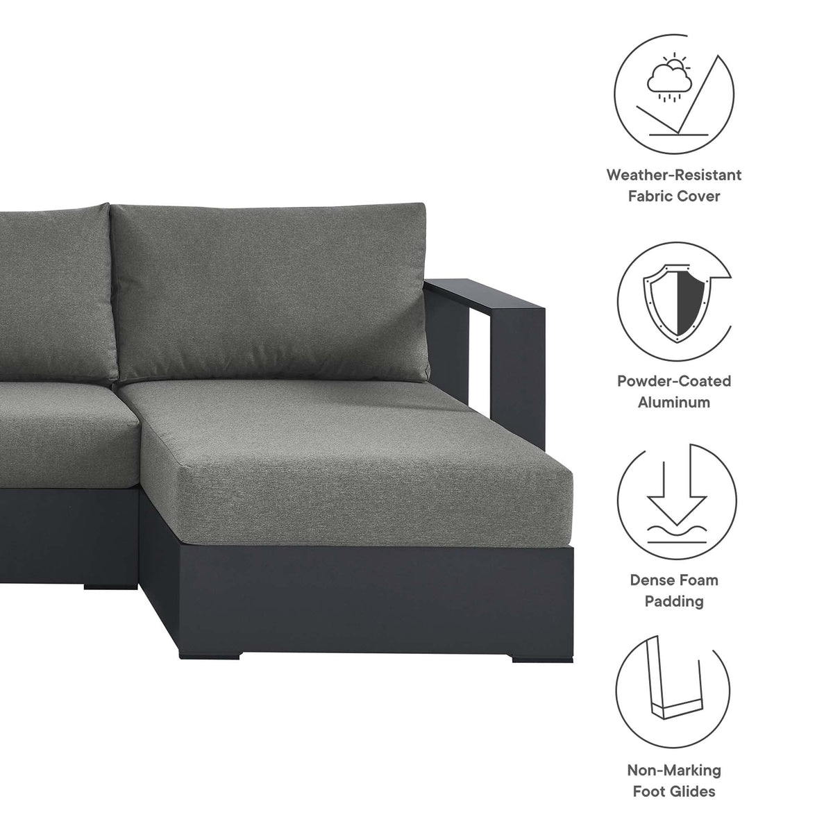 Modway Tahoe 4-Piece powder-coated aluminum outdoor sectional sofa set with dark gray cushions on Tampa Home & Garden Store