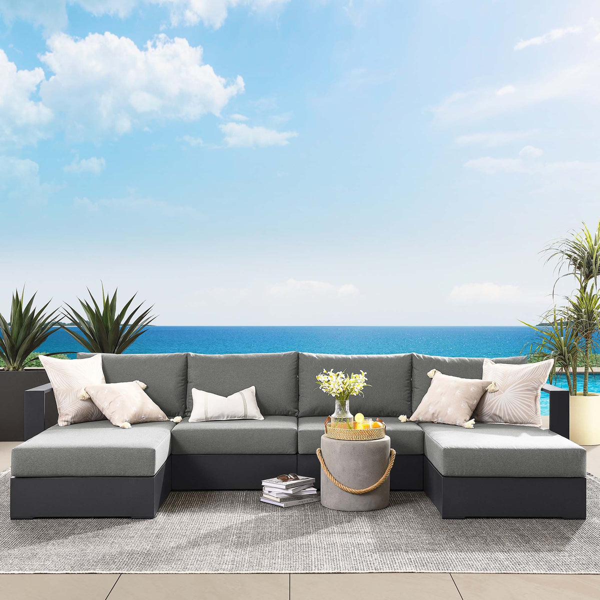 Tahoe 4-Piece sectional sofa set with gray cushions, powder-coated aluminum frame by Modway on Tampa Home & Garden Store