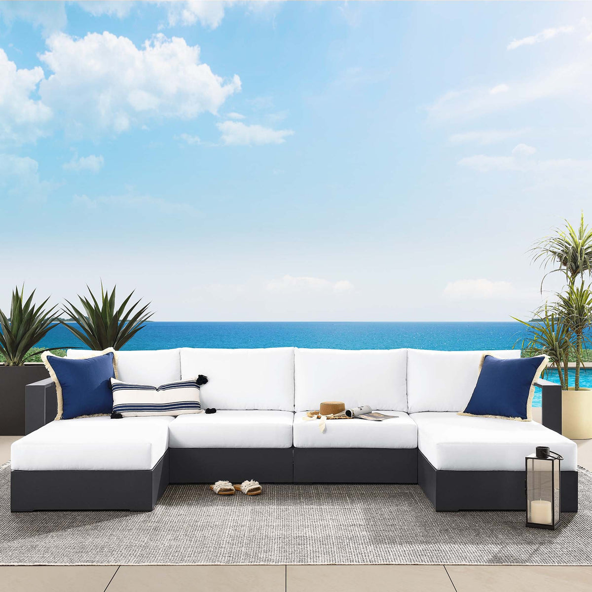 Tahoe 4-Piece Outdoor Patio Powder-Coated Aluminum Sectional Sofa Set by Modway; white cushions, dark frame, navy pillows on Tampa Home & Garden Store