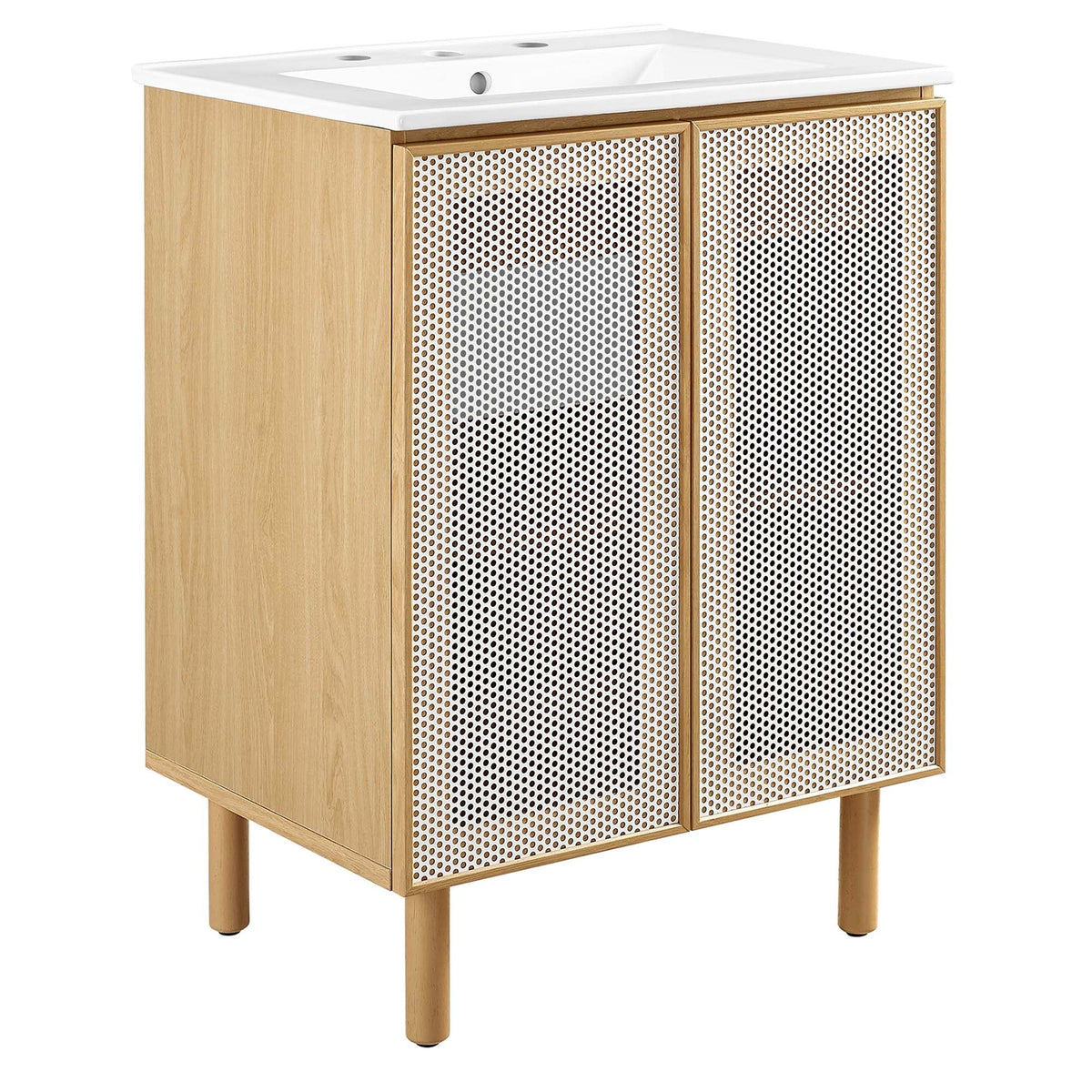 Calla 24in perforated metal bathroom vanity with white top and oak cabinet, two doors on legs on Tampa Home & Garden Store