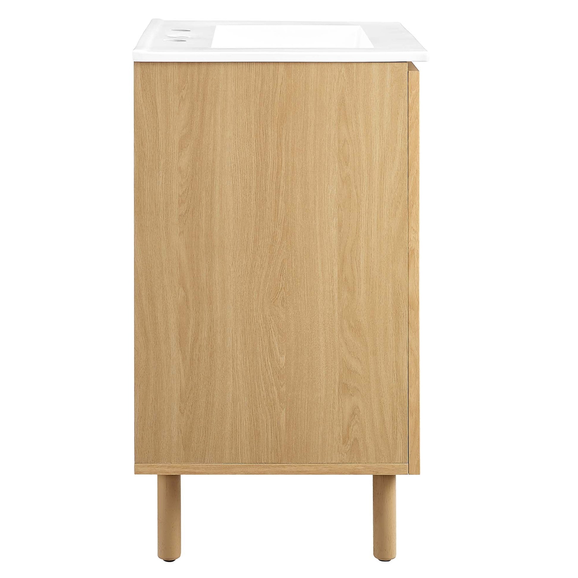 Calla 24-inch Perforated Metal Bathroom Vanity by Modway, oak wood cabinet with white countertop on Tampa Home & Garden Store