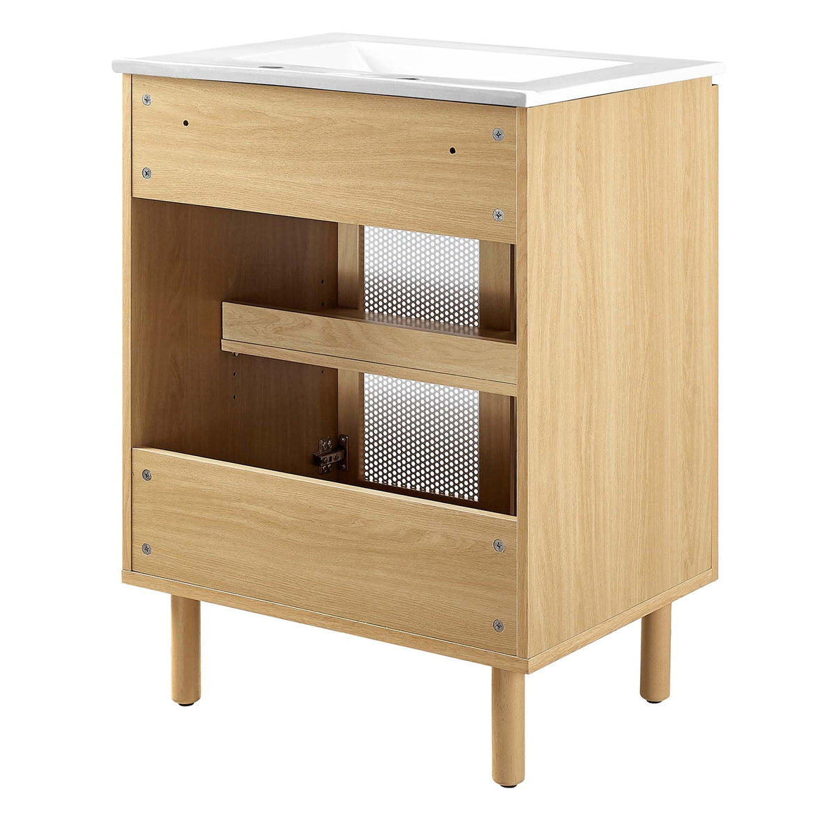 Calla 24in Perforated Metal Vanity by Modway in light oak with white top and perforated panel on Tampa Home & Garden Store