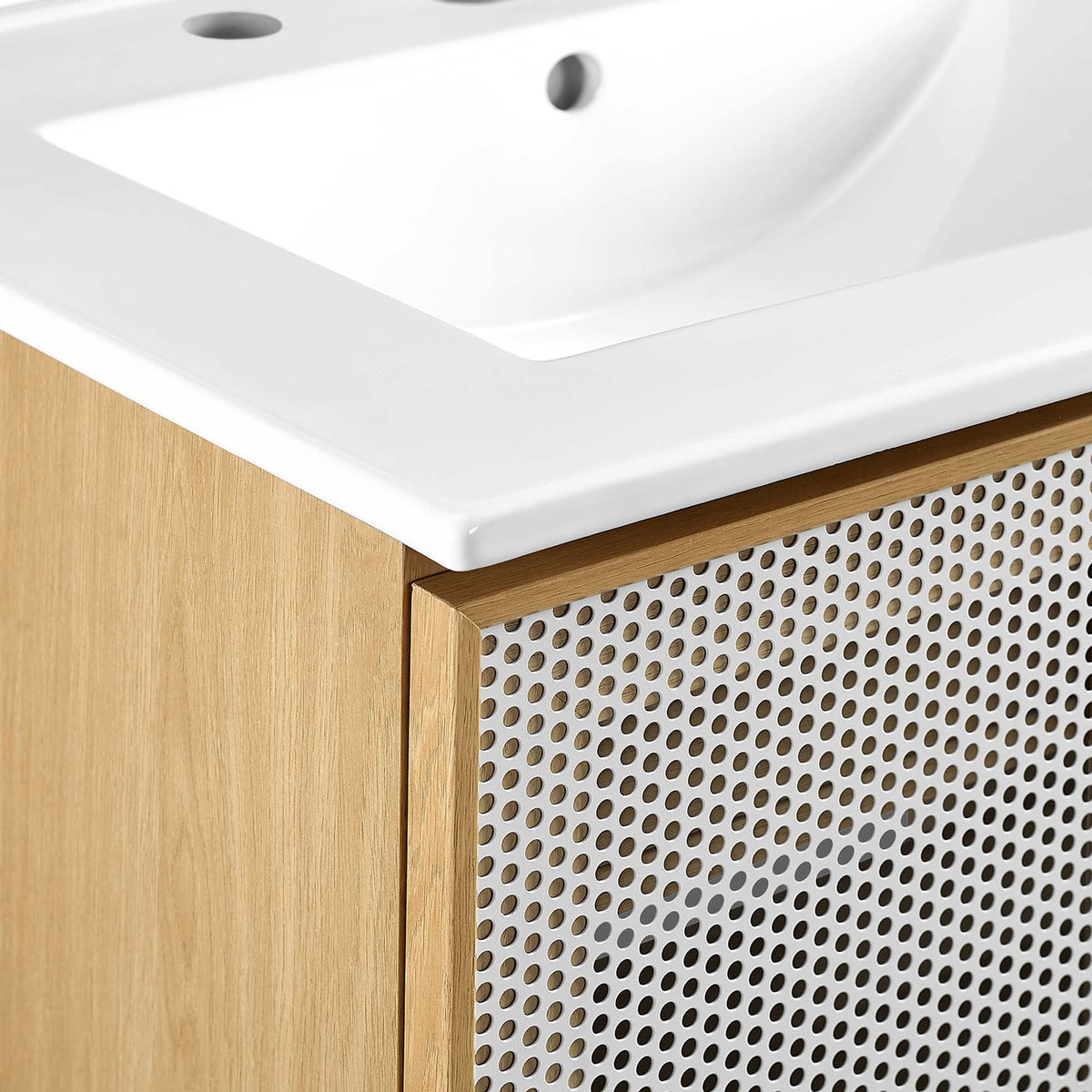 Calla 24in perforated metal bathroom vanity by Modway with white sink and oak wood cabinet on Tampa Home & Garden Store