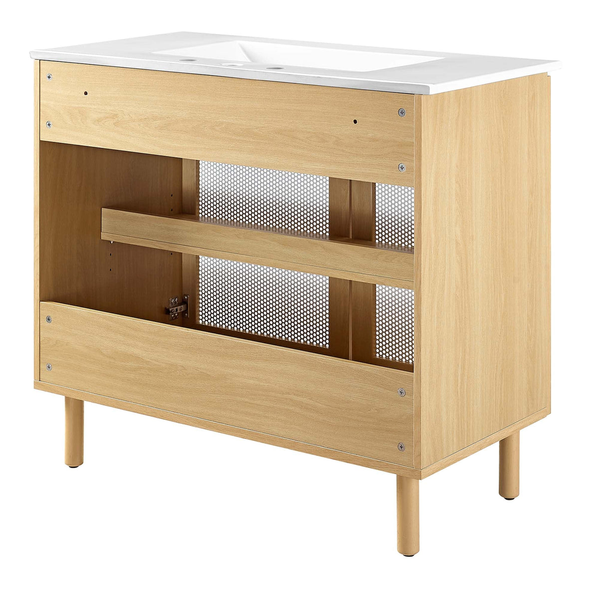 Calla 36in perforated metal bathroom vanity oak wood cabinet with white countertop Modway on Tampa Home & Garden Store