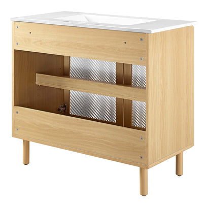 Calla 36in perforated metal bathroom vanity oak wood cabinet with white countertop Modway on Tampa Home & Garden Store
