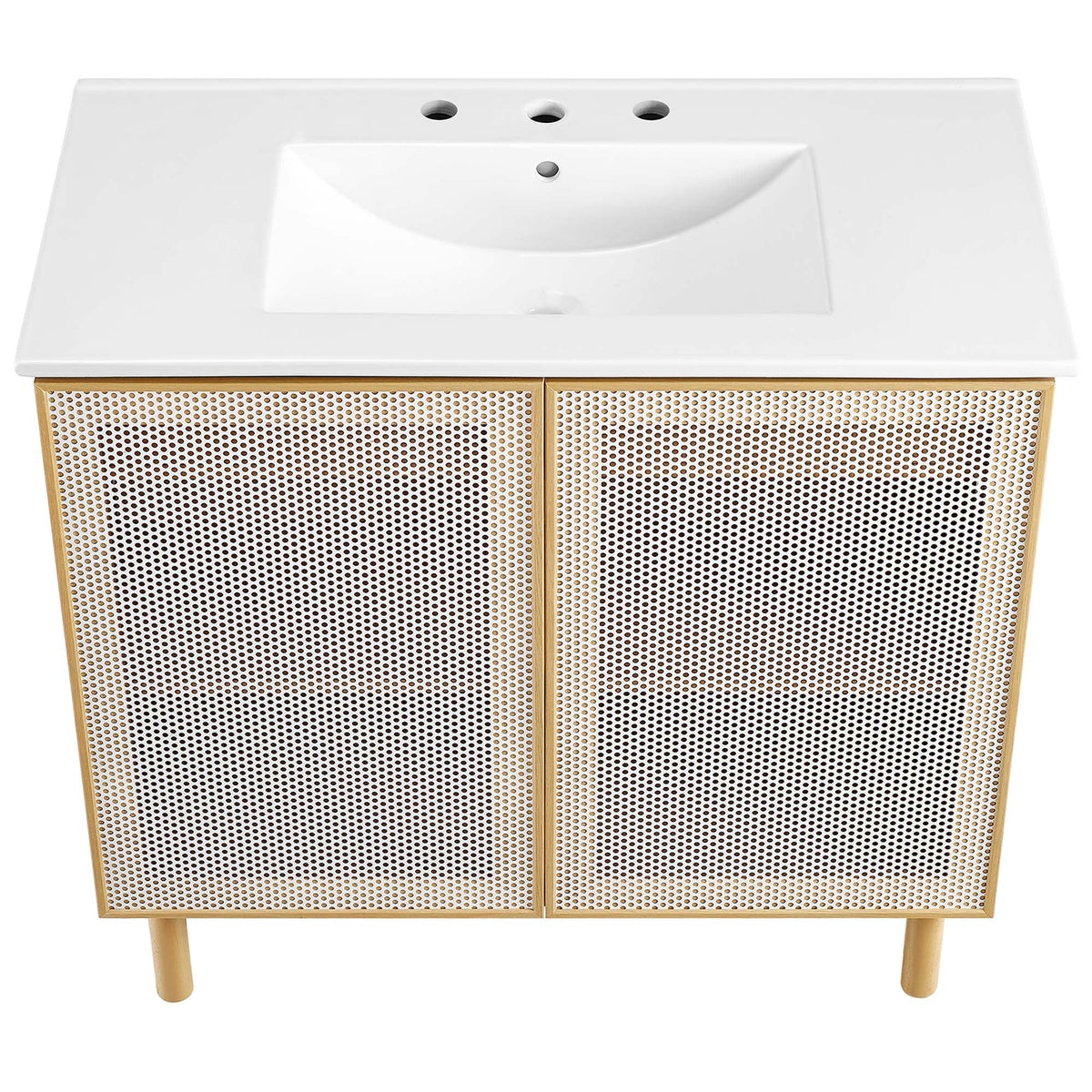 Calla 36in perforated metal bathroom vanity by Modway, white top, cane doors on Tampa Home & Garden Store