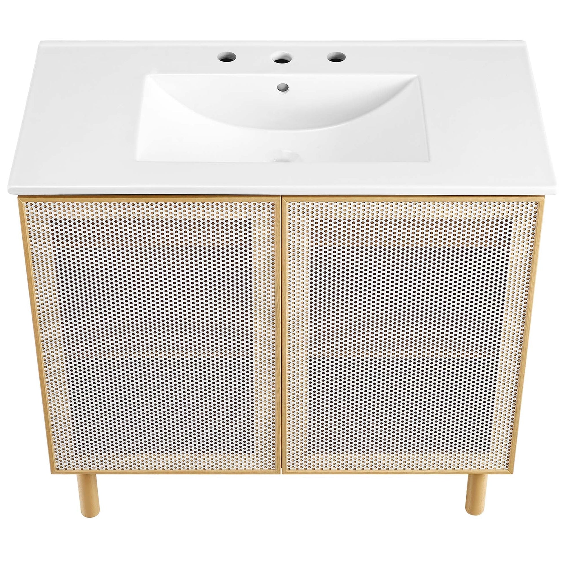 Calla 36in perforated metal bathroom vanity by Modway, white top, cane doors on Tampa Home & Garden Store