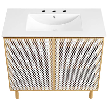 Calla 36in perforated metal bathroom vanity by Modway, white top, cane doors on Tampa Home & Garden Store