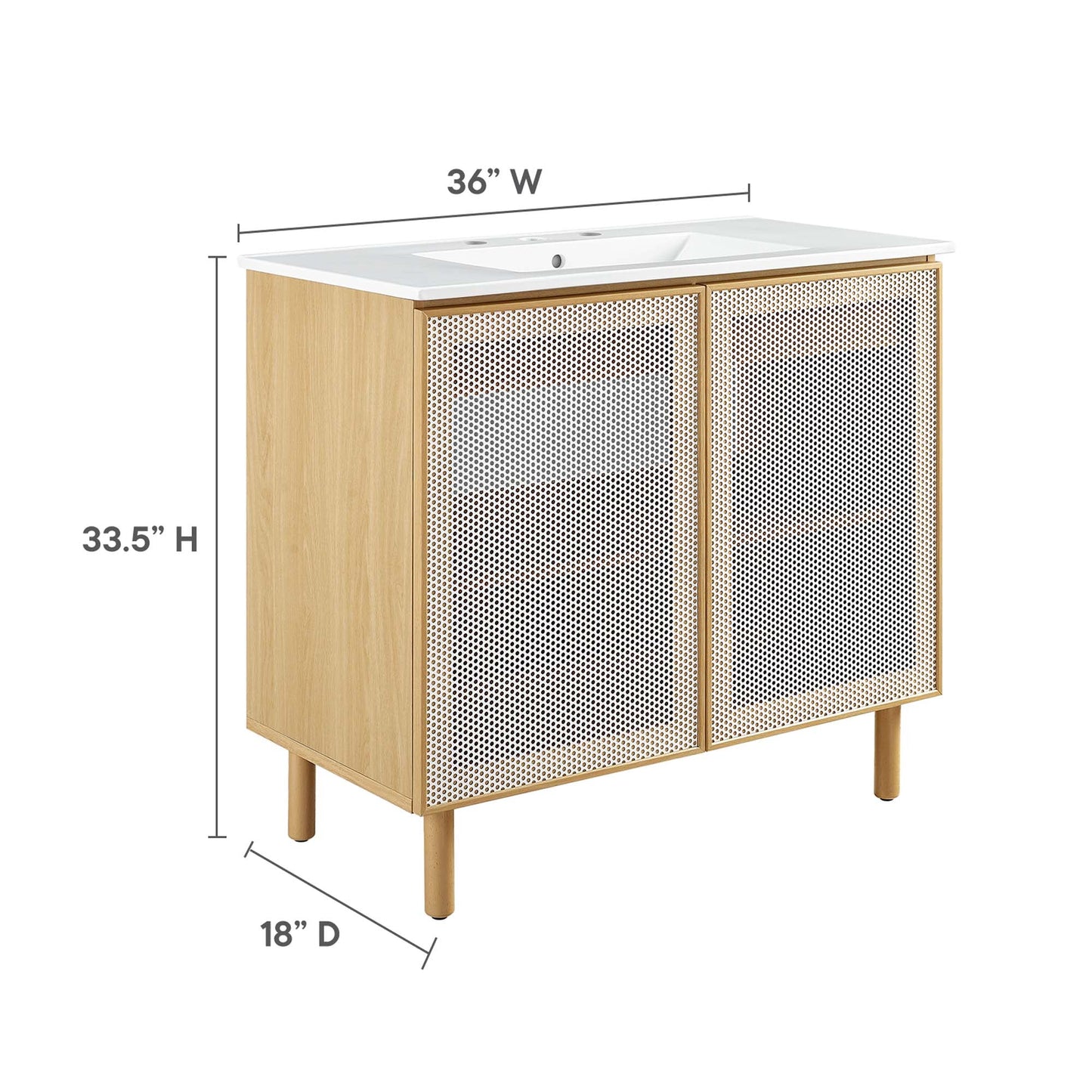 Calla 36in perforated metal bathroom vanity by Modway with white countertop and wood sides on Tampa Home & Garden Store