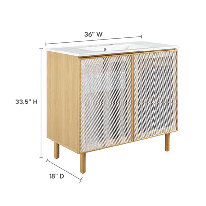 Calla 36in perforated metal bathroom vanity by Modway with white countertop and wood sides on Tampa Home & Garden Store