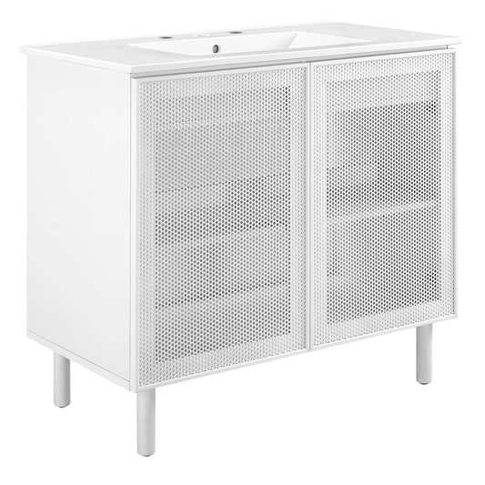 Calla 36in perforated metal bathroom vanity white finish with doors HouseOfZazla on Tampa Home & Garden Store