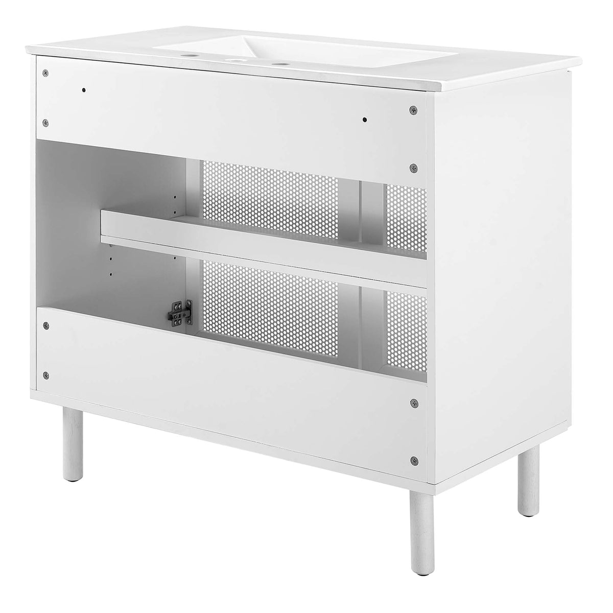 Calla 36in perforated metal bathroom vanity with white top and panel accents by Modway on Tampa Home & Garden Store