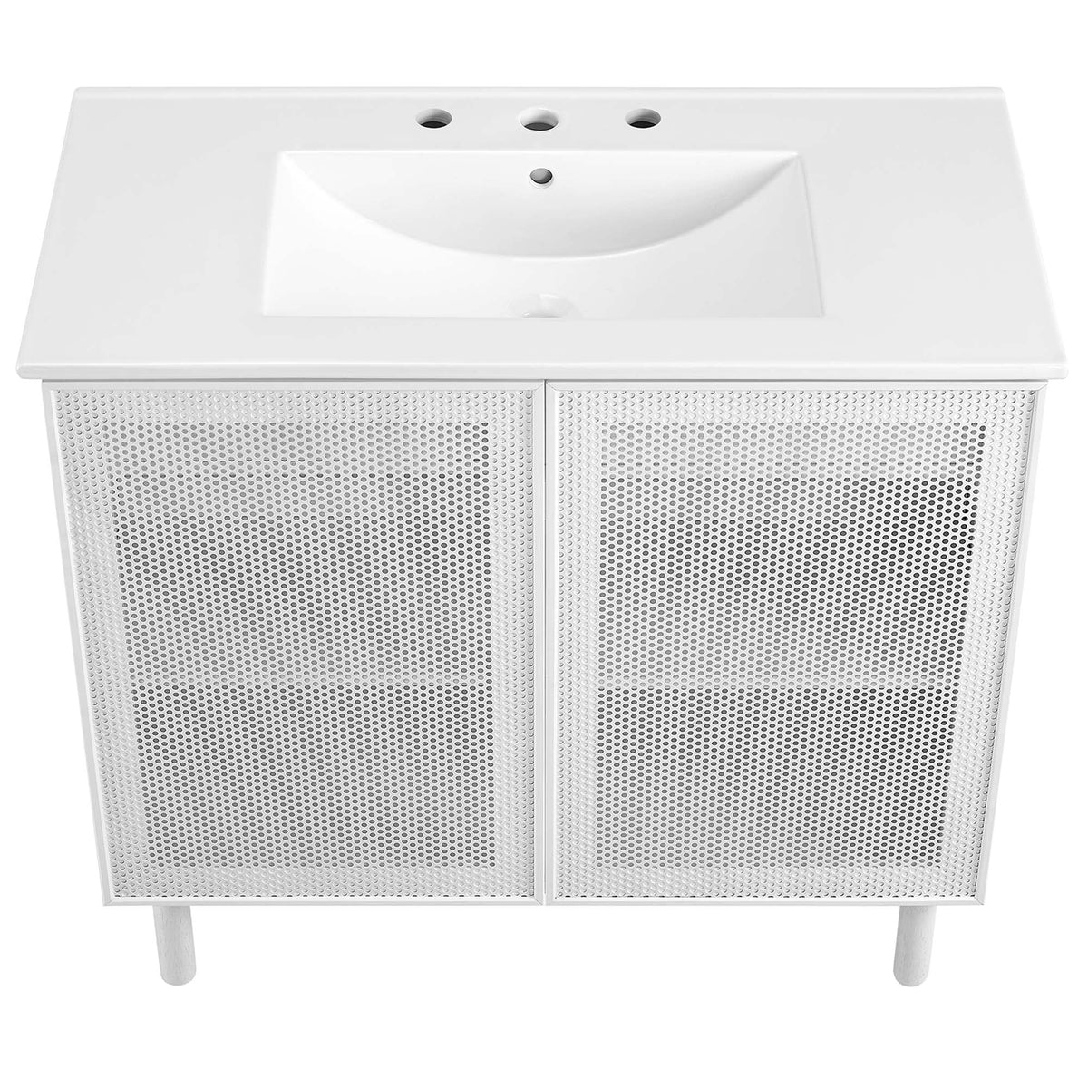 Calla 36in perforated metal bathroom vanity with white countertop and three faucet holes, two mesh doors on Tampa Home & Garden Store