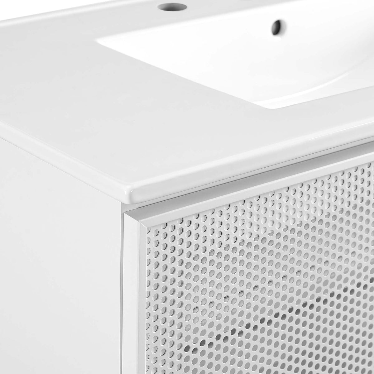 Calla 36in perforated metal bathroom vanity with white top and perforated front panel on Tampa Home & Garden Store