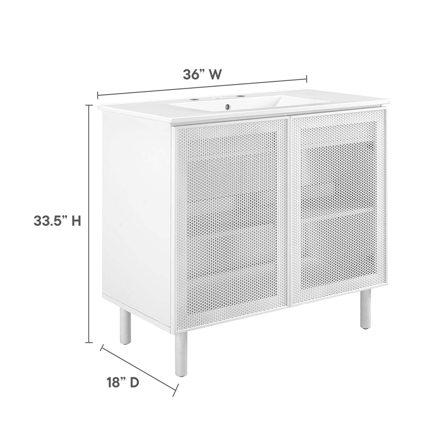Calla 36in perforated metal bathroom vanity by Modway, white cabinet with mesh doors on Tampa Home & Garden Store