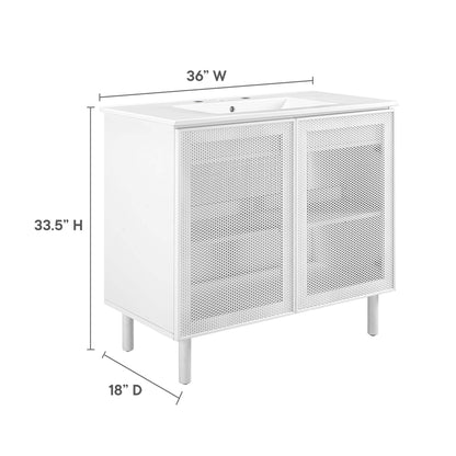Calla 36in perforated metal bathroom vanity by Modway, white cabinet with mesh doors on Tampa Home & Garden Store