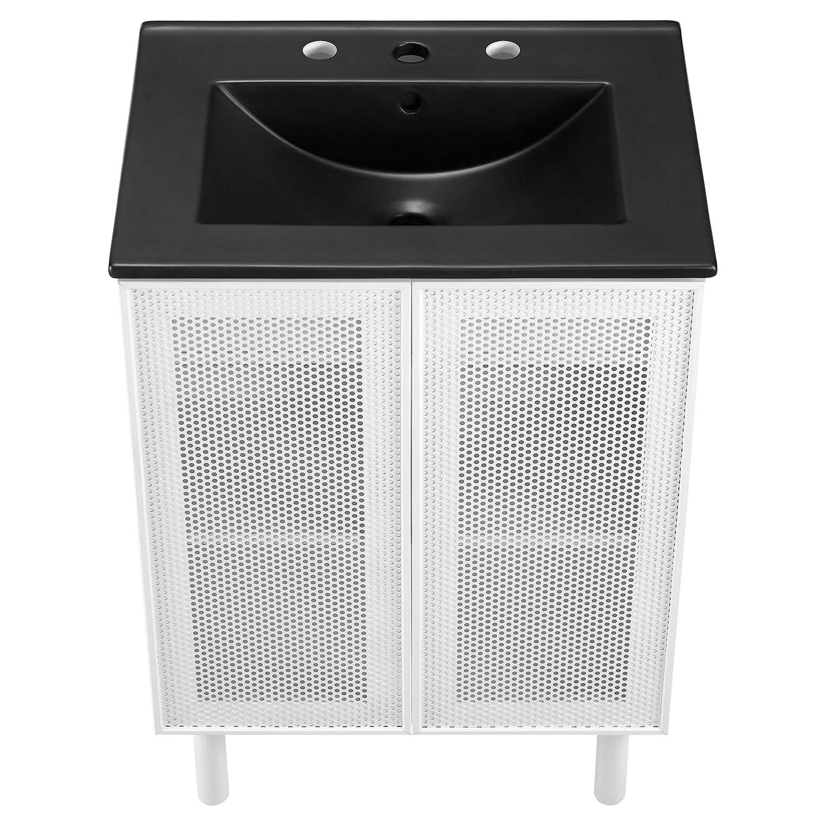 Calla 24in perforated metal bathroom vanity with black top and white perforated cabinet doors on Tampa Home & Garden Store