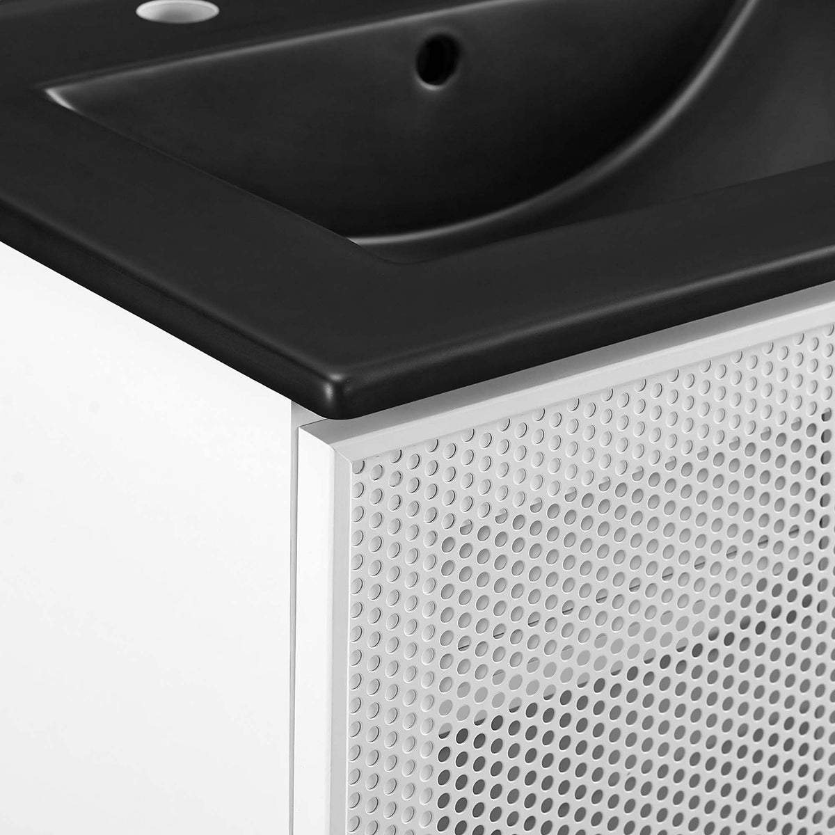 Calla 24in perforated metal bathroom vanity by Modway with black top and white base on Tampa Home & Garden Store