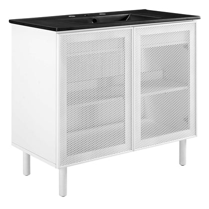 Calla 36-inch perforated metal bathroom vanity with black countertop and white base on legs on Tampa Home & Garden Store