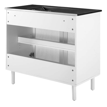 Calla 36in perforated metal vanity white cabinet with black countertop and mesh panels on Tampa Home & Garden Store