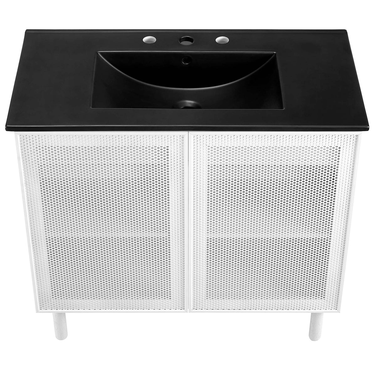 Calla 36in perforated metal vanity with black top and undermount sink, white perforated cabinet doors on Tampa Home & Garden Store