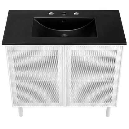 Calla 36in perforated metal vanity with black top and undermount sink, white perforated cabinet doors on Tampa Home & Garden Store