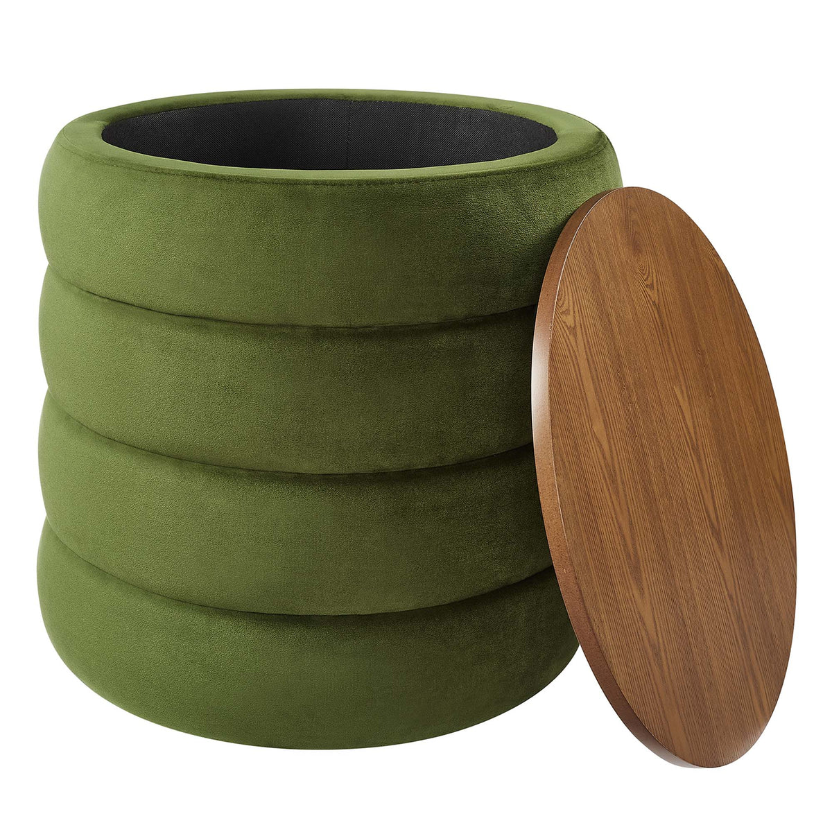 Mezzo Round Performance Velvet Storage Ottoman in olive green with wood side panels on Tampa Home & Garden Store