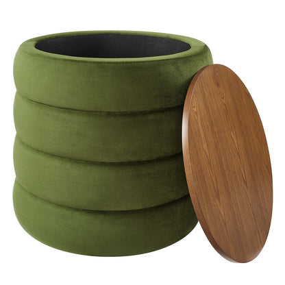 Mezzo Round Performance Velvet Storage Ottoman in olive green with wood side panels on Tampa Home & Garden Store