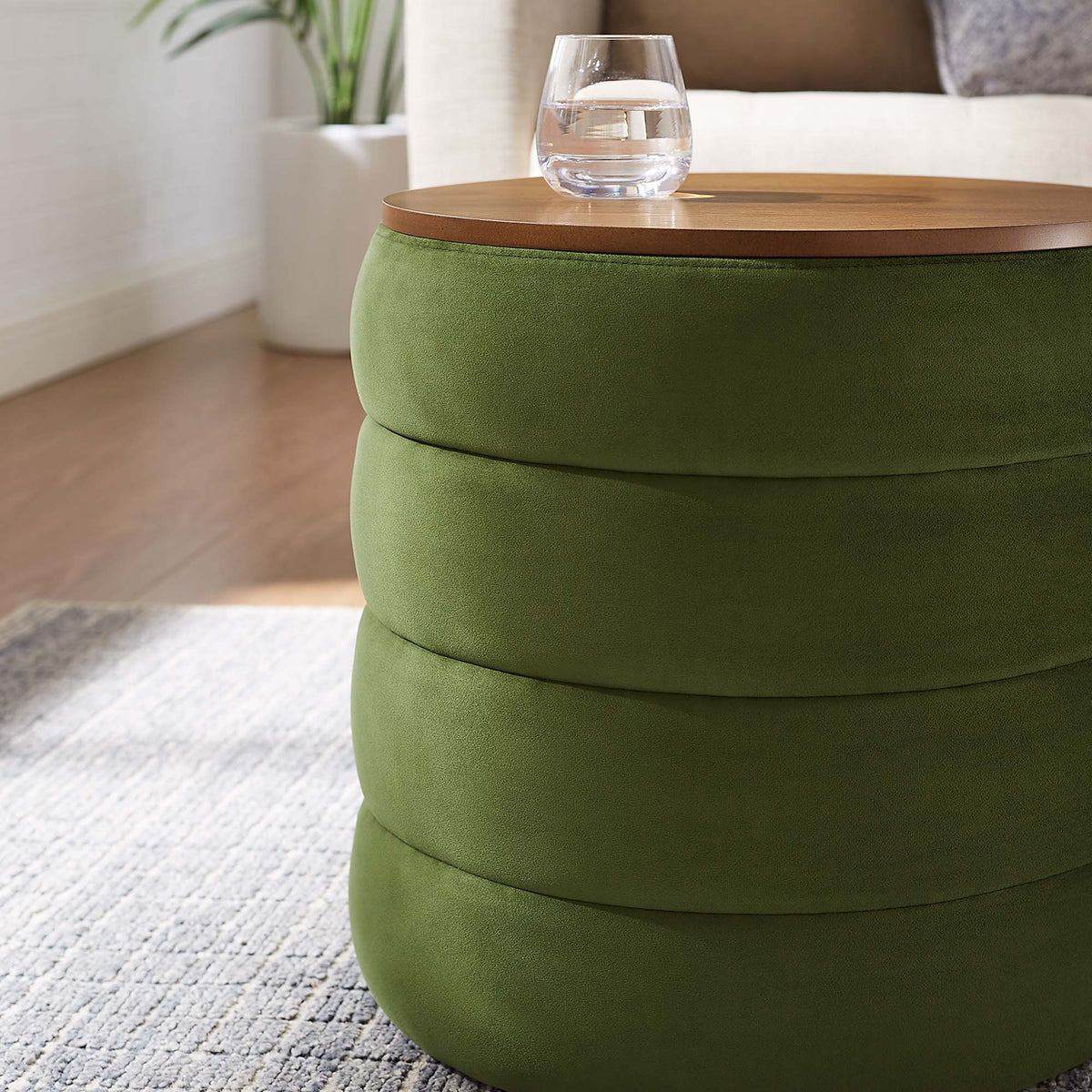 Mezzo Round Performance Velvet Storage Ottoman in green velvet with wood top on Tampa Home & Garden Store