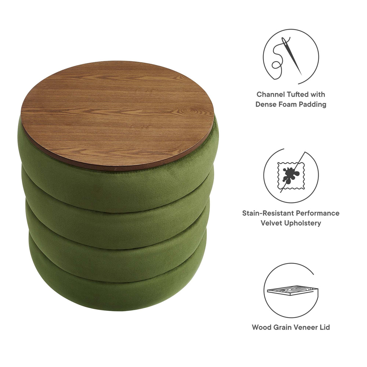 Mezzo round performance velvet storage ottoman in olive green with wood grain veneer lid on Tampa Home & Garden Store