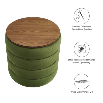 Mezzo round performance velvet storage ottoman in olive green with wood grain veneer lid on Tampa Home & Garden Store