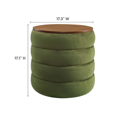 Mezzo Round Performance Velvet Storage Ottoman in green velvet with wood top lid, round stacked on Tampa Home & Garden Store