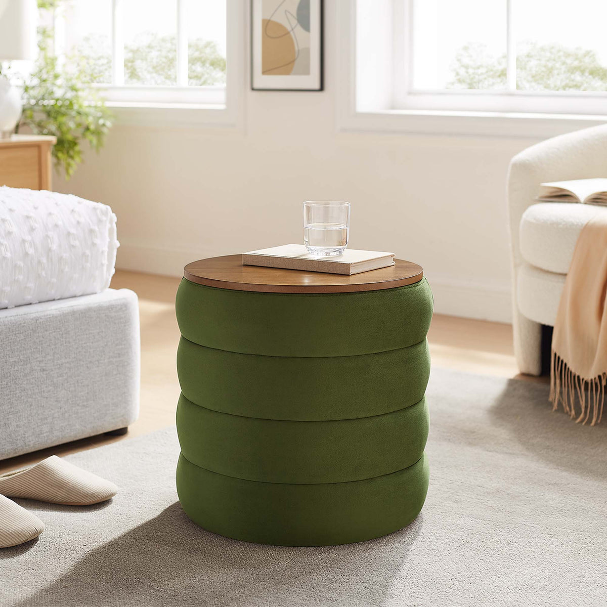 Mezzo Round Velvet Storage Ottoman green velvet with wood lid by HouseOfZazla on Tampa Home & Garden Store
