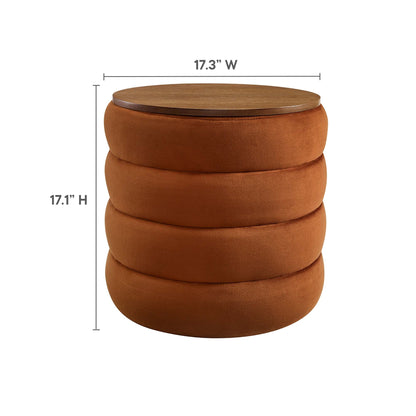 Mezzo Round Performance Velvet Storage Ottoman in warm brown velvet with wood lid on Tampa Home & Garden Store