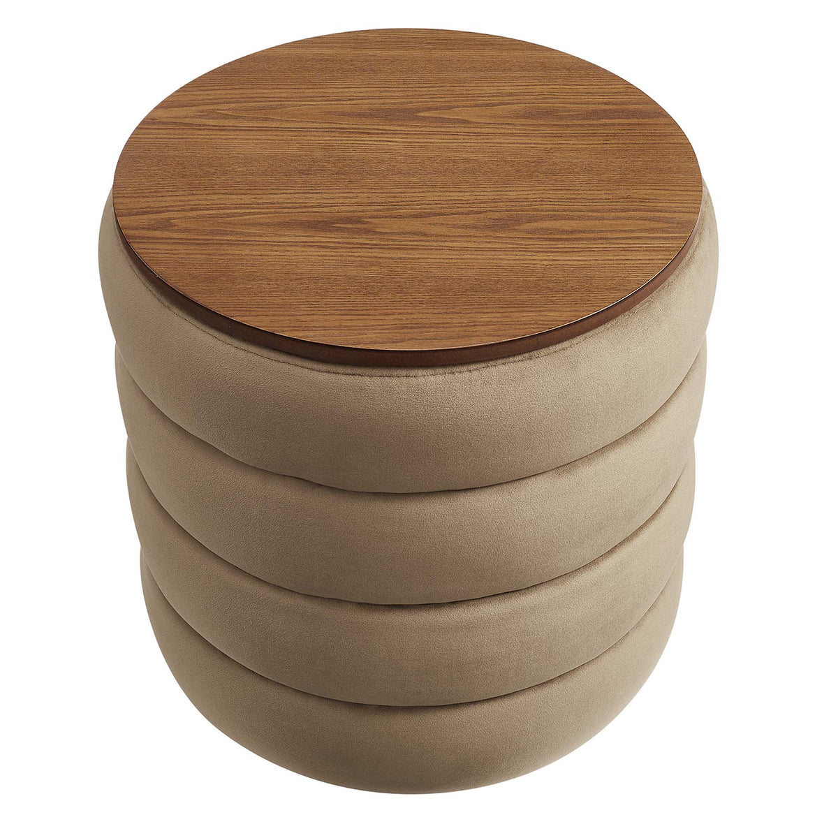 Mezzo Round Performance Velvet Storage Ottoman by Modway beige velvet with warm wood top on Tampa Home & Garden Store