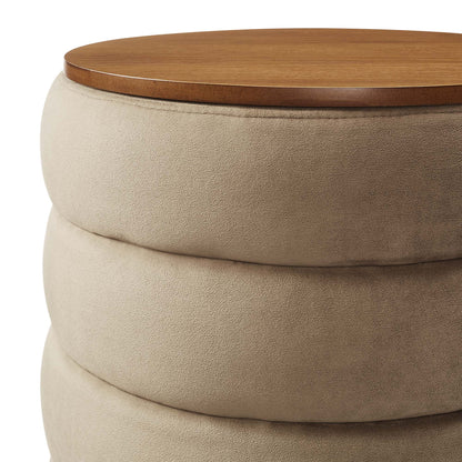 Round storage ottoman with warm wood top and beige textured upholstery on Tampa Home & Garden Store
