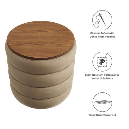 Modway Mezzo Round Performance Velvet Storage Ottoman tan velvet upholstery with wood grain veneer lid on Tampa Home & Garden Store