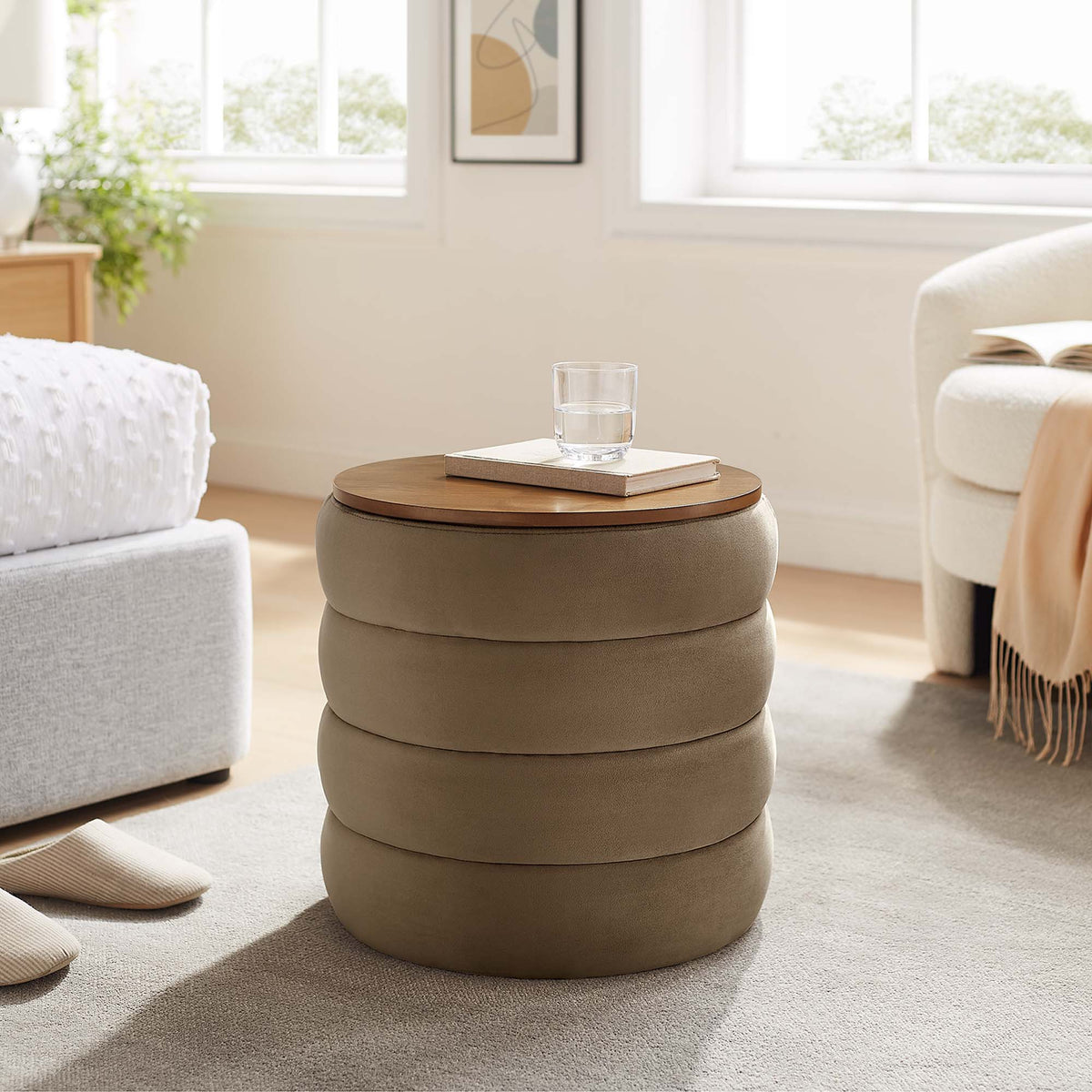 Mezzo Round Velvet Storage Ottoman by Modway in taupe, stacked circular sections on Tampa Home & Garden Store