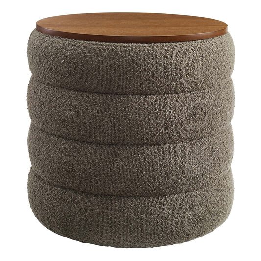 Mezzo round boucle fabric storage ottoman with wooden top in gray-brown on Tampa Home & Garden Store