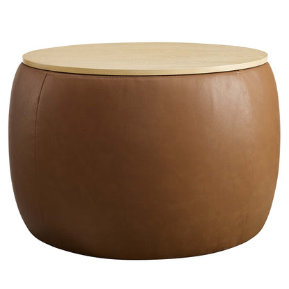 Perla round vegan leather storage ottoman with wood top and brown faux leather base by HouseOfZazla on Tampa Home & Garden Store