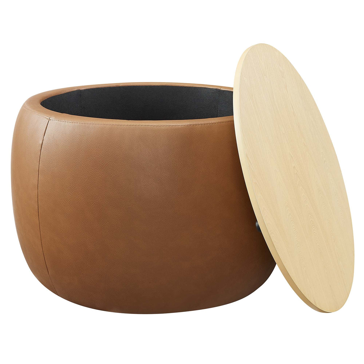 Perla Round Vegan Leather Storage Ottoman in tan with black fabric lining and light wood lid on Tampa Home & Garden Store