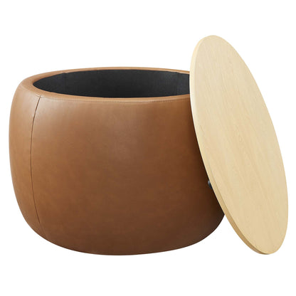Perla Round Vegan Leather Storage Ottoman in tan with black fabric lining and light wood lid on Tampa Home & Garden Store