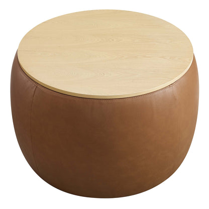 Perla round vegan leather storage ottoman with light wood top and brown leather base on Tampa Home & Garden Store