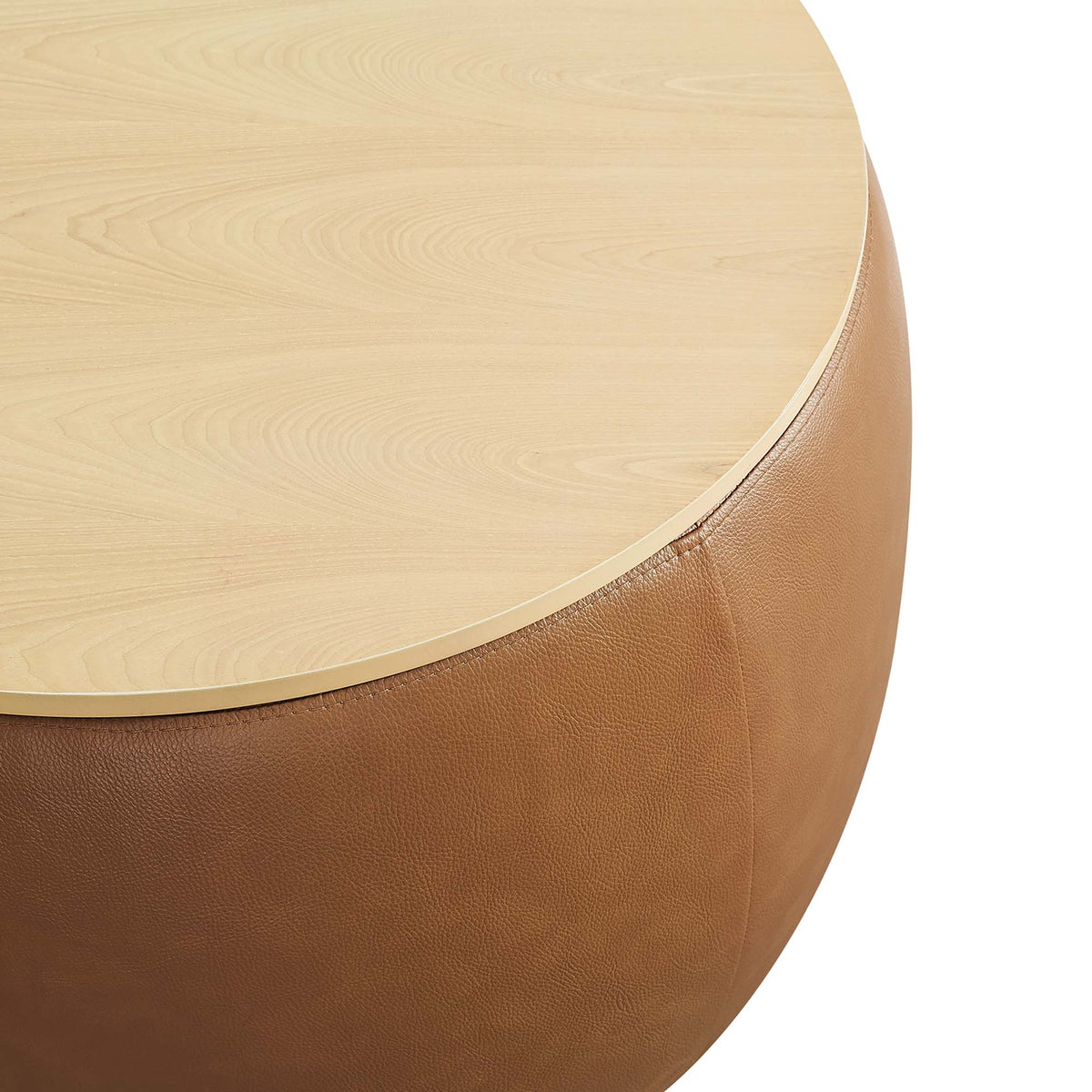 Perla Round Vegan Leather Storage Ottoman with light wood top and tan faux leather on Tampa Home & Garden Store